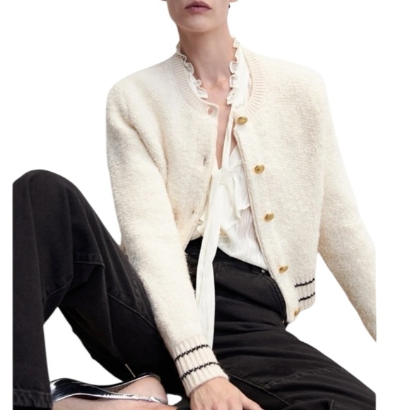 MNG Mango Cream Knit Cardigan Gold Buttons & Black Trim Size Medium Cropped - Picture 1 of 15